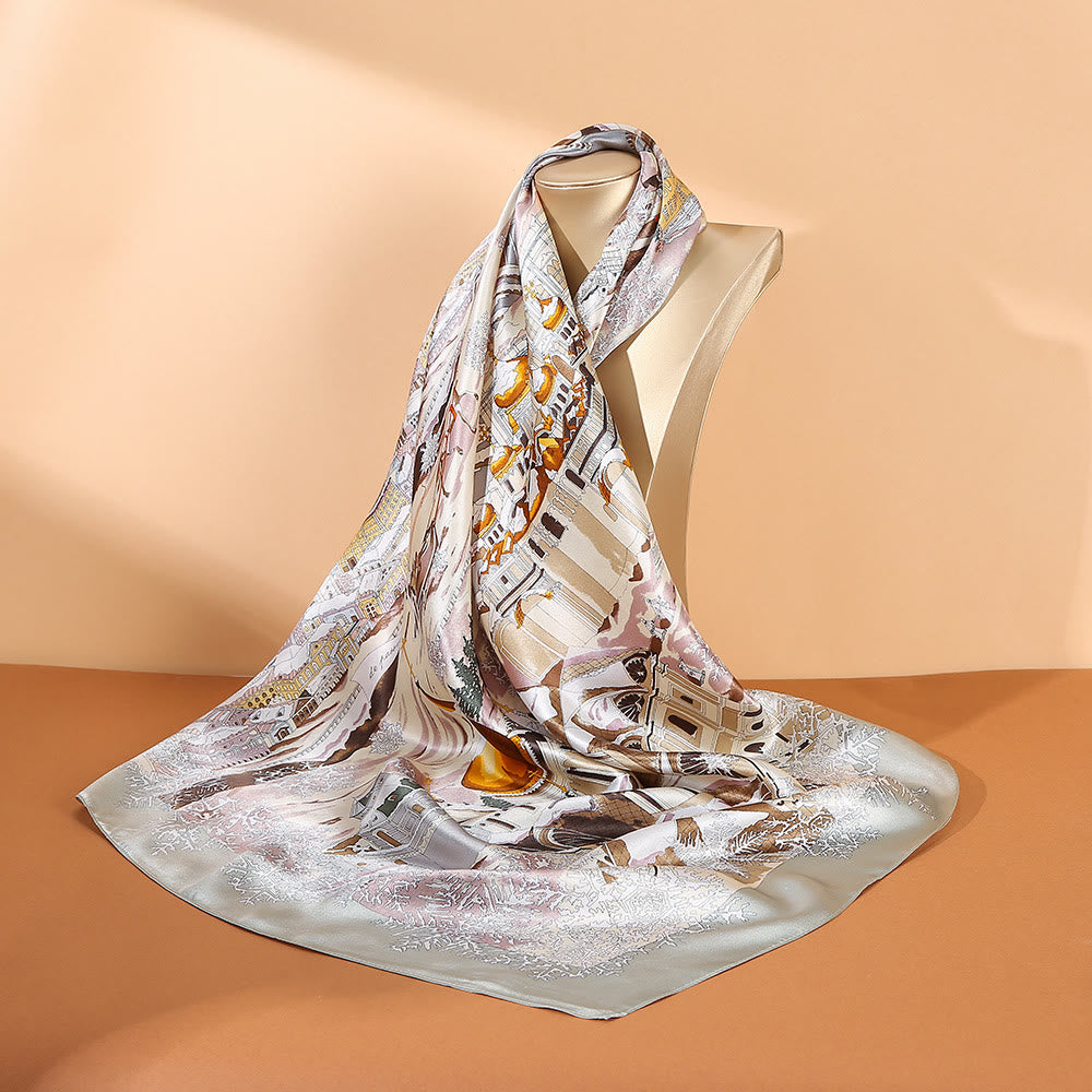 Buddha Stones Oil Painting City Snow Scene Castle Lotus 100% Mulberry Silk Neck Hair Scarf - Beige City Snow Scene - image 5