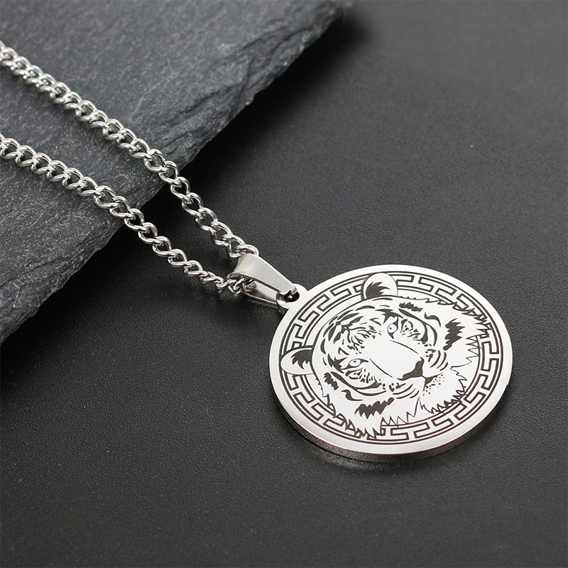 Buddha Stones Animal Titanium Steel Chain Necklace Protection Pendant - Silver Tiger - image 2