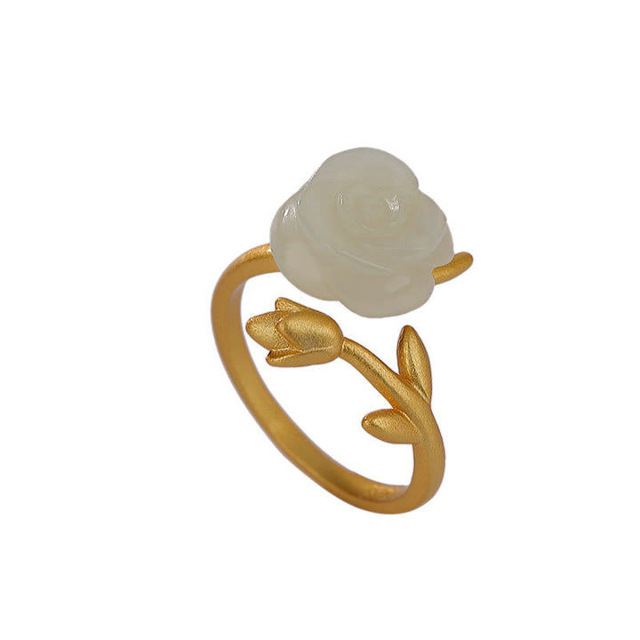Buddha Stones 925 Sterling Silver Plated Gold Rose Flower Hetian White Jade Happiness Ring - image 7