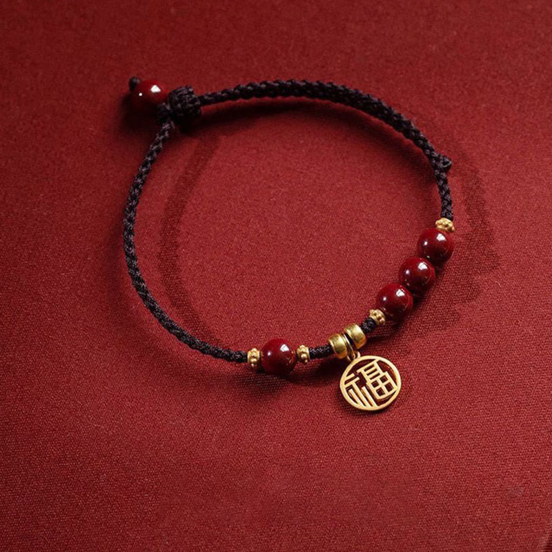 Buddha Stones Cinnabar Bead Fu Character Charm Blessing Braided String Bracelet - image 1