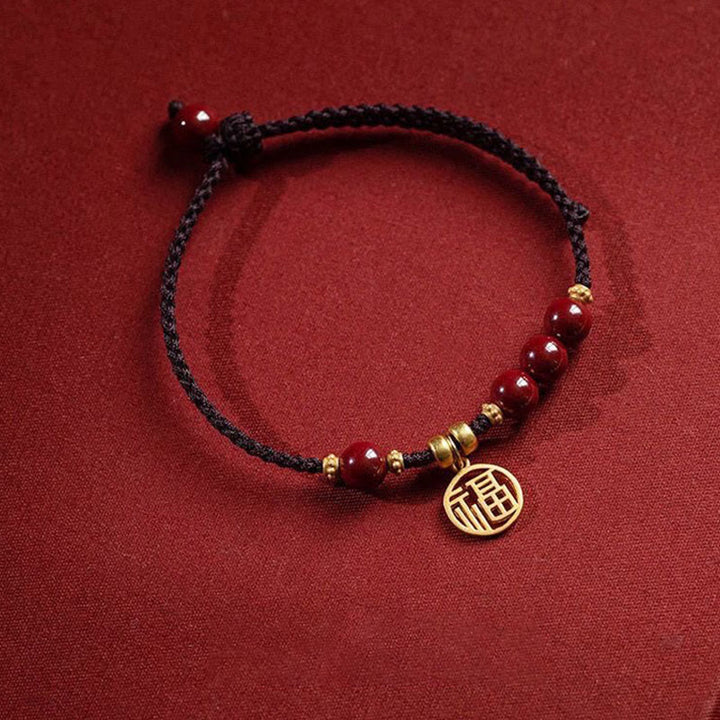 Buddha Stones Cinnabar Bead Fu Character Charm Blessing Braided String Bracelet - image 1