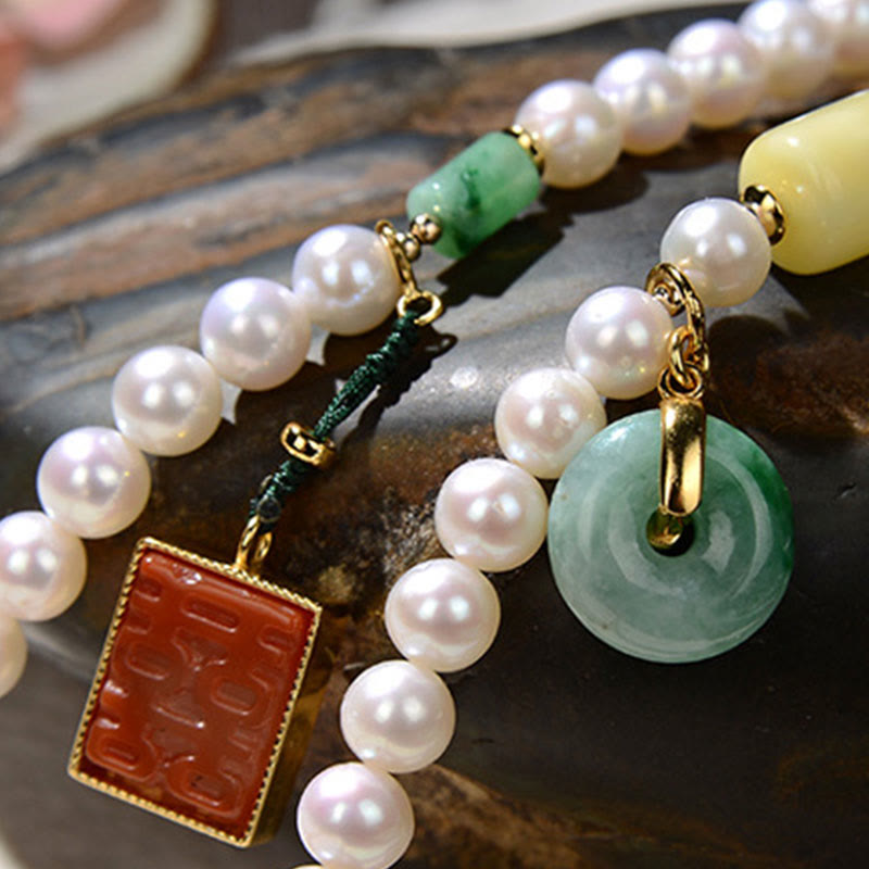 Buddha Stones 925 Sterling Silver Pearl Hetian Jade Red Agate Double Happiness Amber Luck Quadruple Wrap Bracelet - image 6