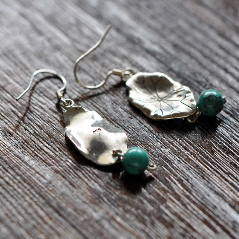 Buddha Stones 925 Sterling Silver Turquoise Lotus Leaf Protection Drop Dangle Earrings - image 9