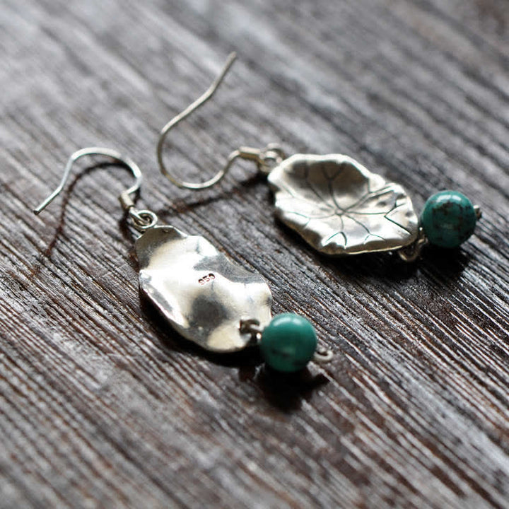 Buddha Stones 925 Sterling Silver Turquoise Lotus Leaf Protection Drop Dangle Earrings - image 9