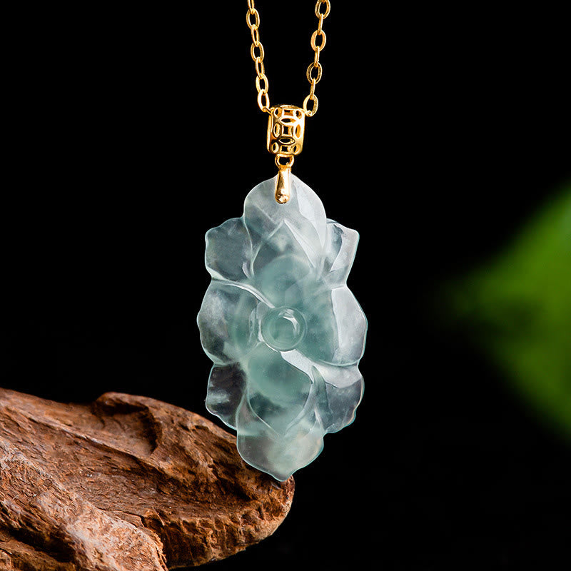 Buddha Stones 18K Gold Natural Jade Lotus Pattern Prosperity Necklace Pendant - image 4