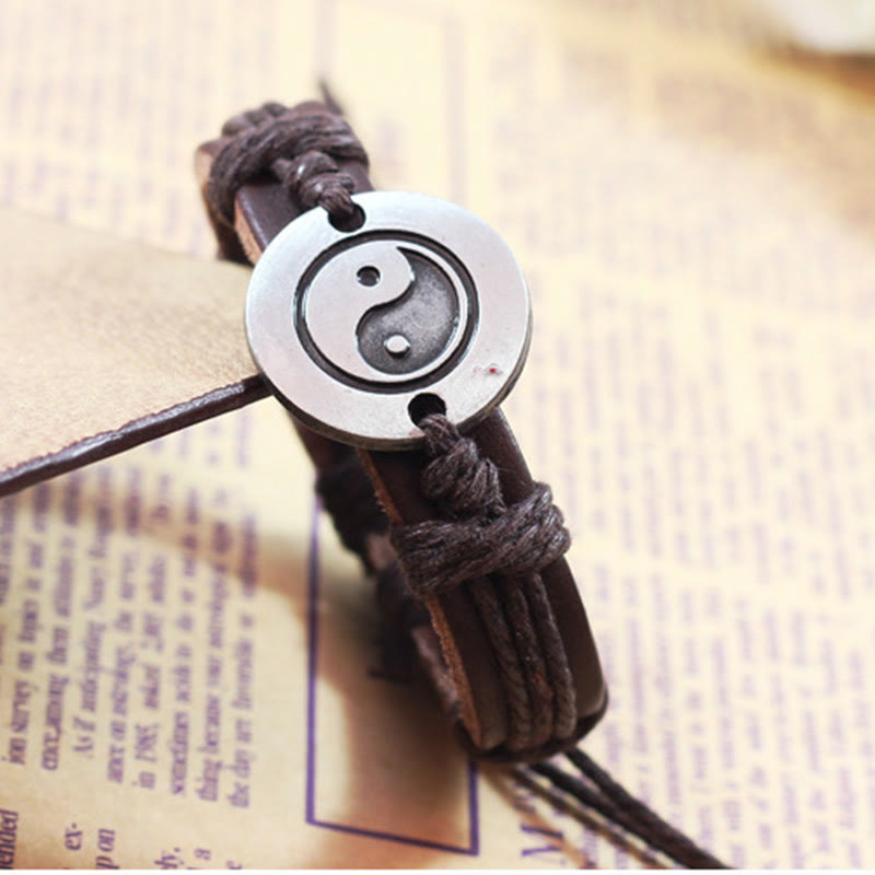 Buddha Stones Retro Yin Yang Leather Harmony String Bracelet - image 4