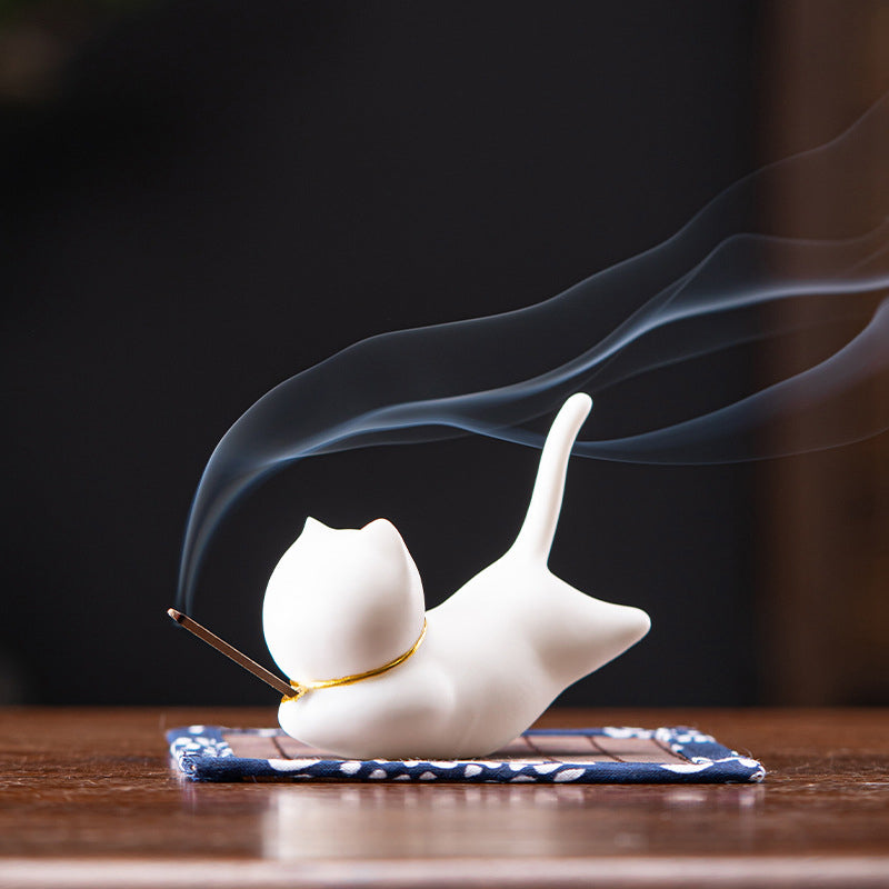 Lovely Cat Panda Ceramic Blessing Incense Burner Decoration - White Cat Incense Holder - image 1