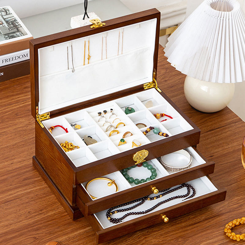 Buddha Stones Retro Wooden Jewelry Box Three-Layer Jewelry Storage Box - image 14