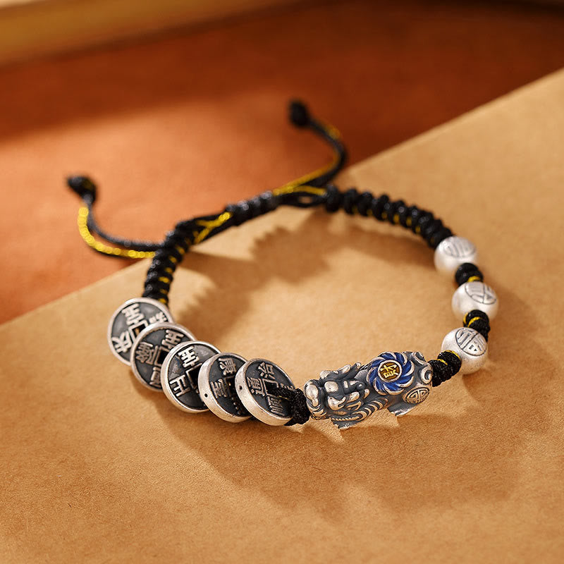Buddha Stones 999 Sterling Silver FengShui PiXiu Copper Coin Fu Character Wealth Braided Bracelet - PiXiu(Wealth♥Luck) (Wrist Circumference 14-20cm) - image 0