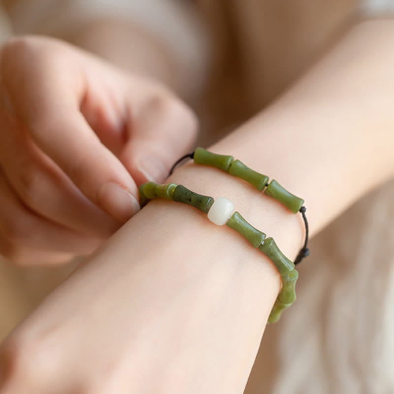 Buddha Stones Green Bamboo Jade Pattern Luck Abundance Bracelet - image 0