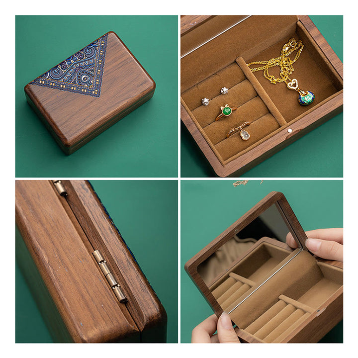 Vintage Handmade Black Walnut Wood Jewelry Storage Box With Mirror - image 2