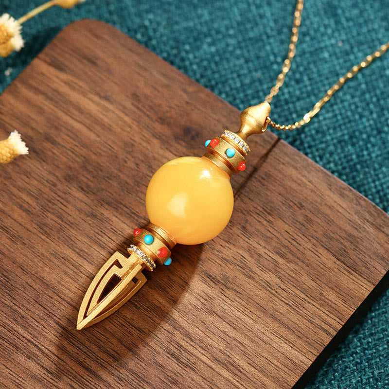 24K Gold Plated Amber Dorje Vajra Clear Anxiety Necklace Pendant - Dorje/Vajra(Enlightenment♥Spiritual Power) - image 0
