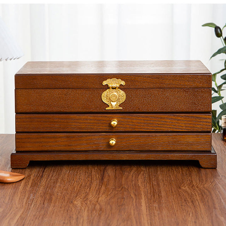 Buddha Stones Retro Wooden Jewelry Box Three-Layer Jewelry Storage Box - image 9