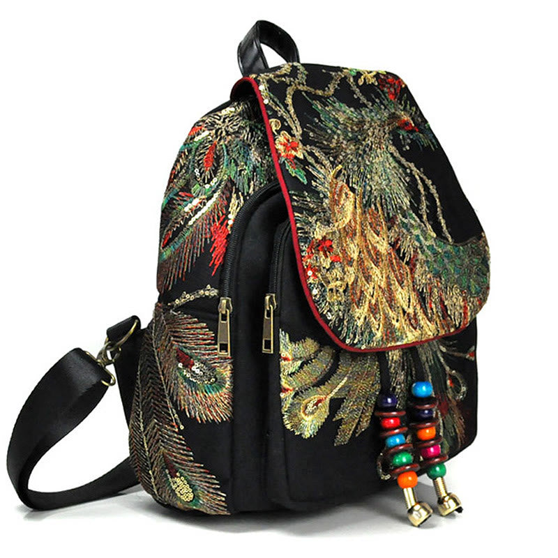 Buddha Stones Peacock Embroidery Canvas Tassel Backpack - image 3
