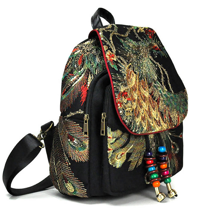 Buddha Stones Peacock Embroidery Canvas Tassel Backpack - image 3