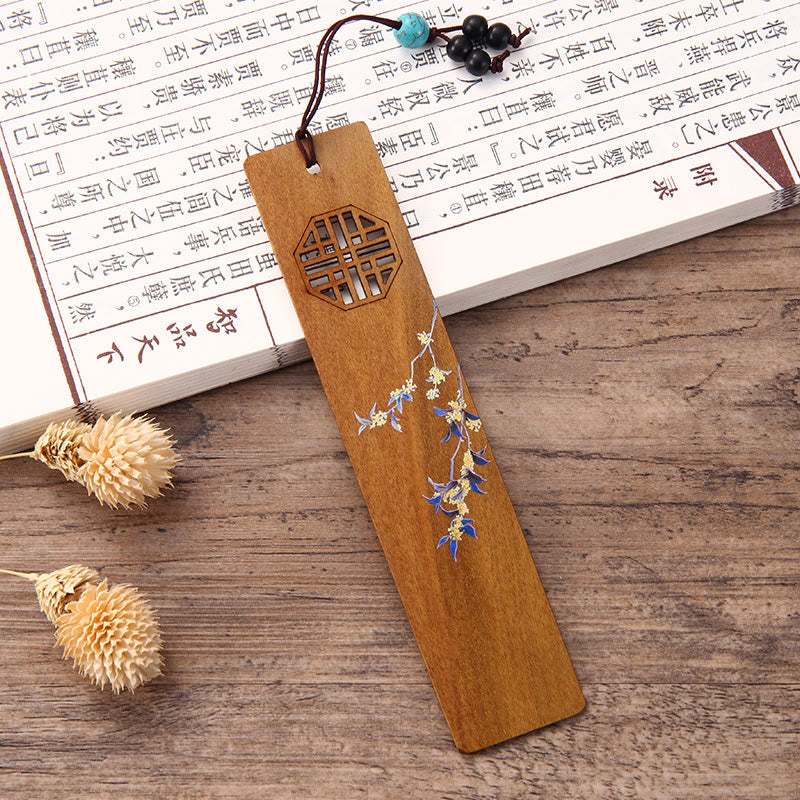 Buddha Stones 4Pcs Four Seasons Plum Orchid Bamboo Chrysanthemum Peking Opera Mask Wood Bookmarks With Gift Box - image 4