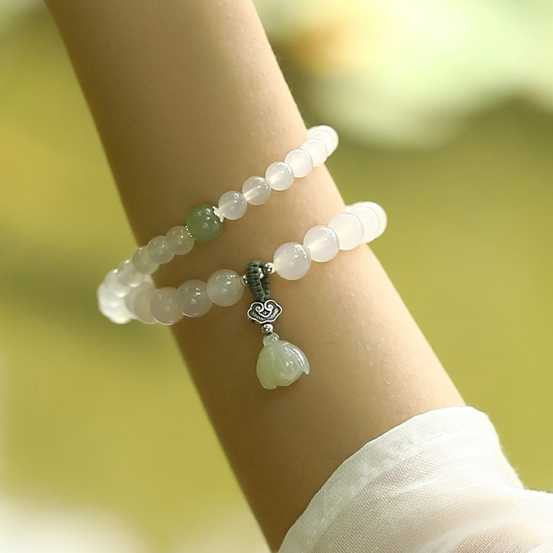 Buddha Stones White Agate Jade Lotus Protection Bracelet - image 1