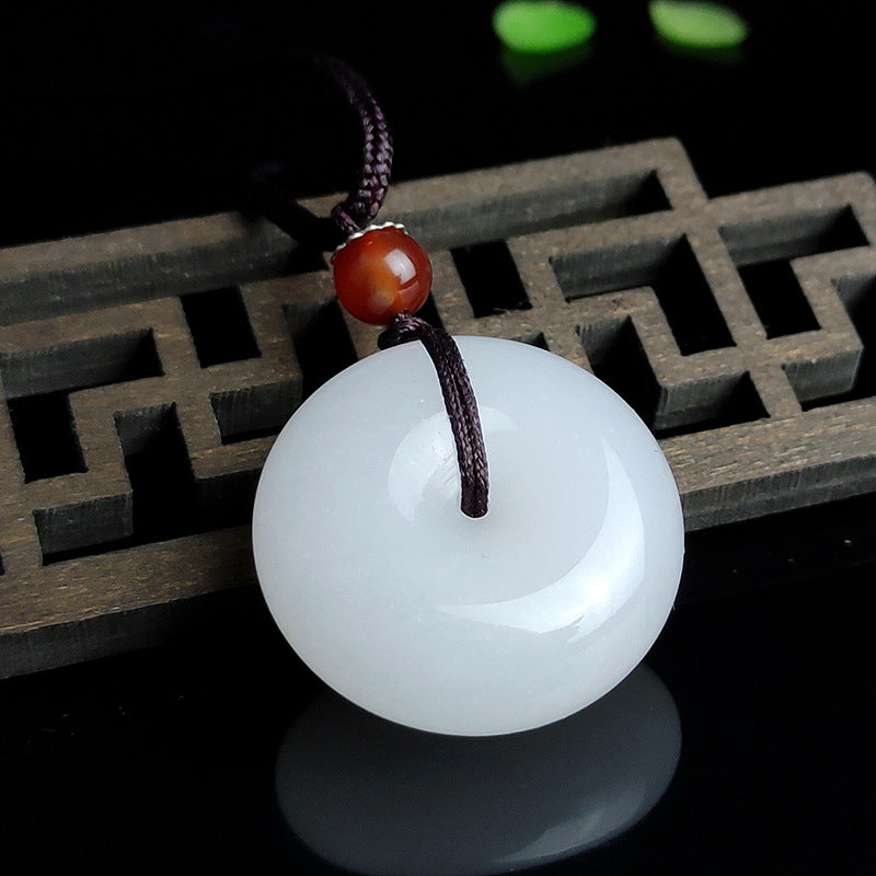 Buddha Stones Round Hetian White Jade Peace Buckle Blessing Necklace Pendant - image 5