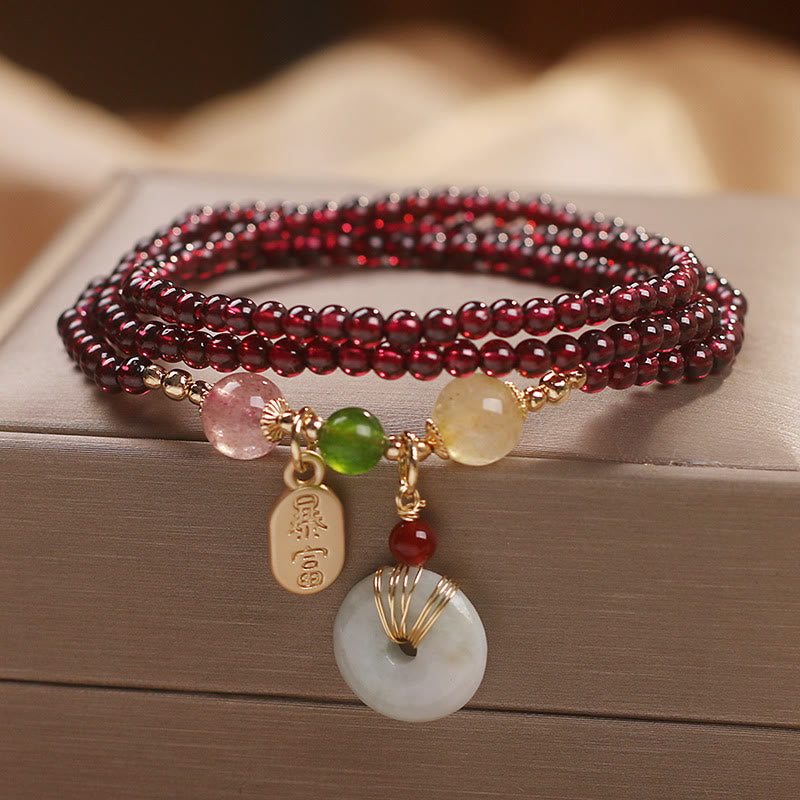 Buddha Stones Natural Garnet Strawberry Quartz Crystal Fox Koi Fish Peace Buckle Fortune Protection Triple Wrap Bracelet - Garnet&Peace Buckle(Wrist Circumference 14-16cm) - image 8