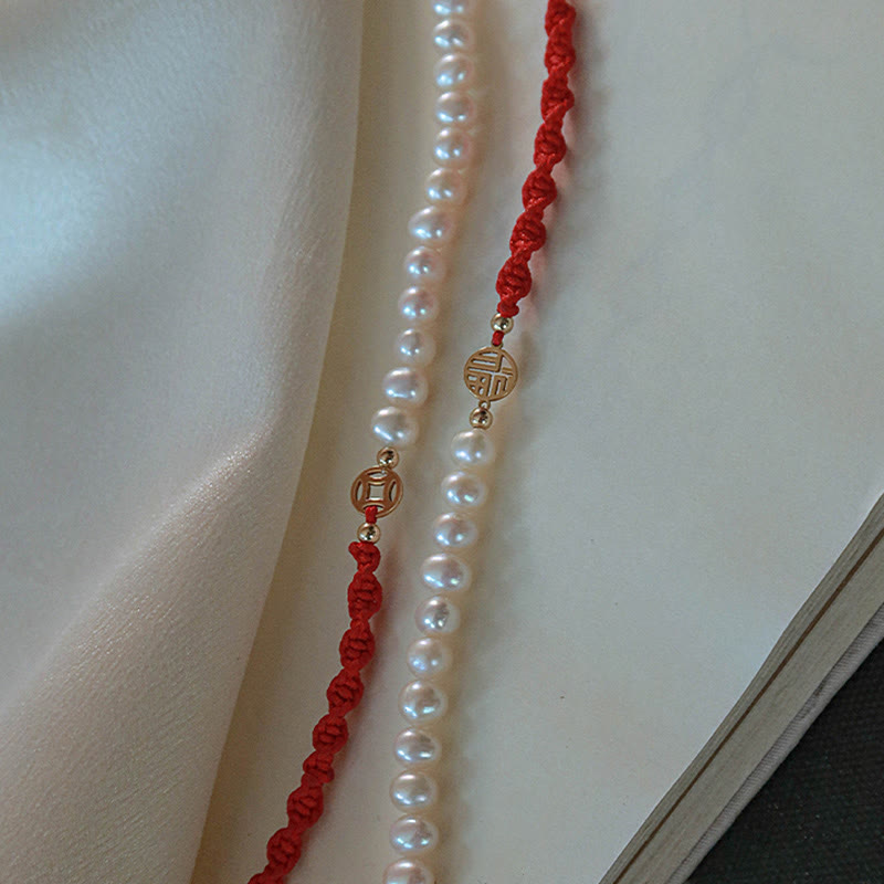Buddha Stones 14K Gold Plated Pearl Bead Luck Protection Braid Red String Bracelet - image 20