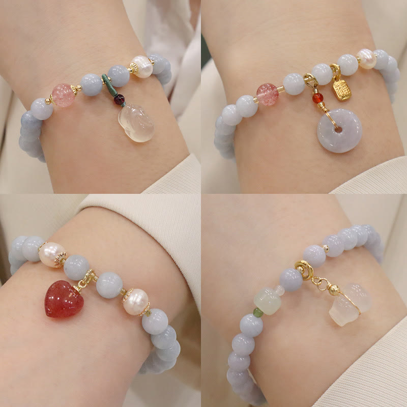 Buddha Stones Natural Aquamarine Chalcedony Serenity Rabbit Gourd Cat Charm Bracelet - image 0