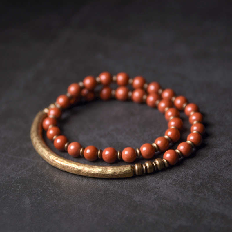 Buddha Stones Red Jasper Moss Agate Black Obsidian Crystal Copper Peace Couple Bracelet - Red Jasper Double Wrap Bracelet - 18cm - image 0