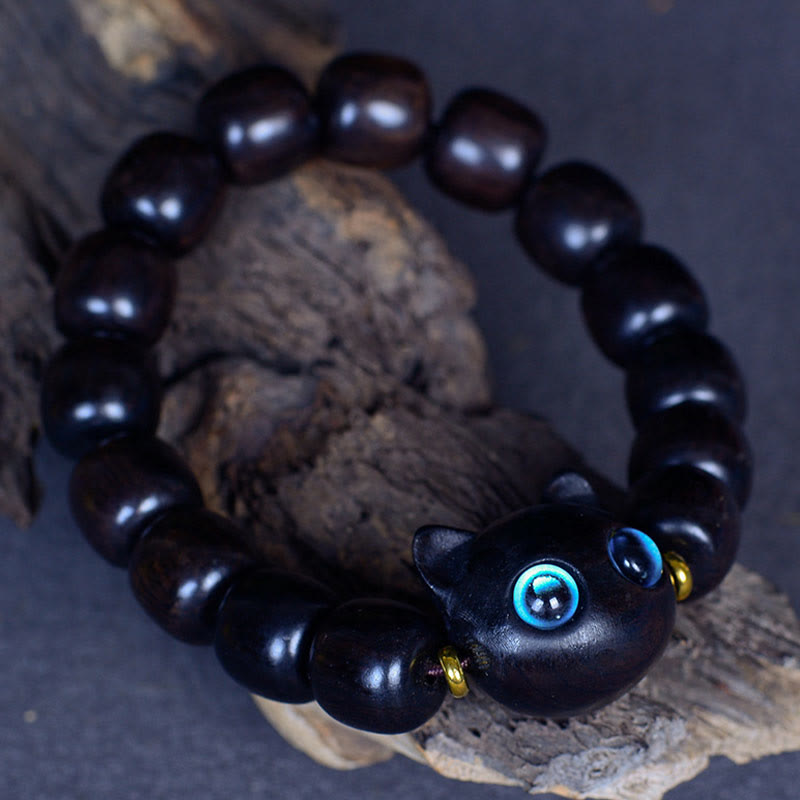 Buddha Stones Ebony Wood Liuli Glass Lovely Cat Peace Balance Bracelet - image 16