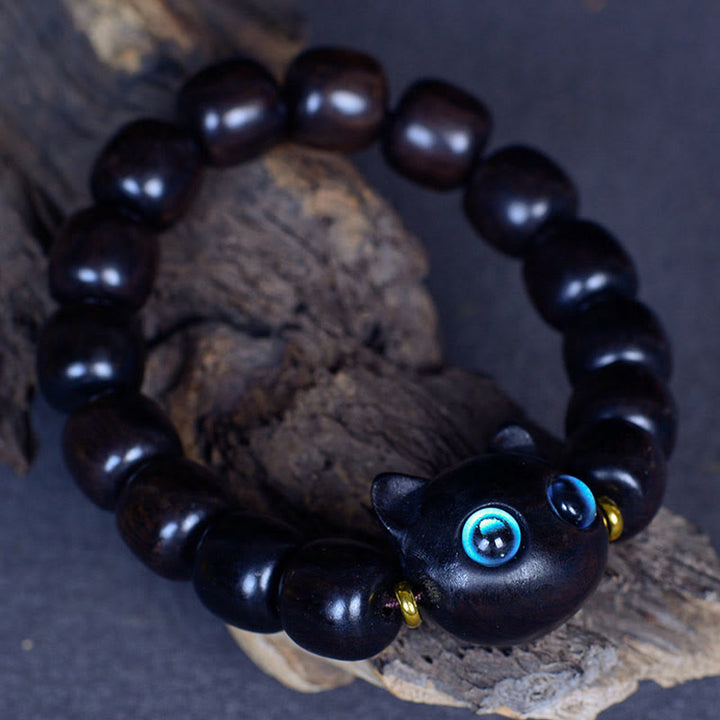 Buddha Stones Ebony Wood Liuli Glass Lovely Cat Peace Balance Bracelet - image 16