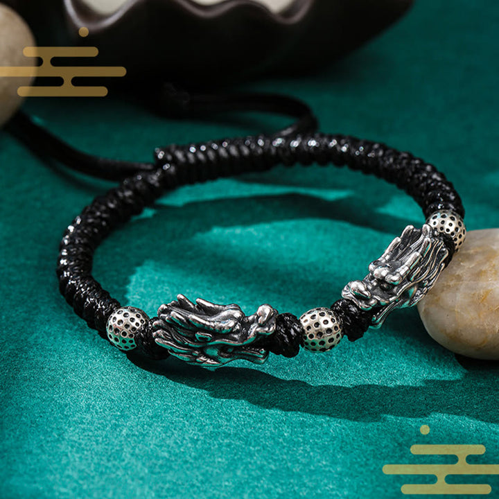 Buddha Stones 999 Sterling Silver Double Dragon Luck Handmade Braided Bracelet - image 2