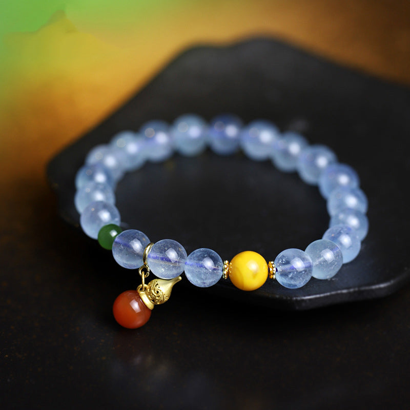 Buddha Stones Aquamarine Red Agate Peace Gourd Charm Bracelet - Aquamarine - image 0