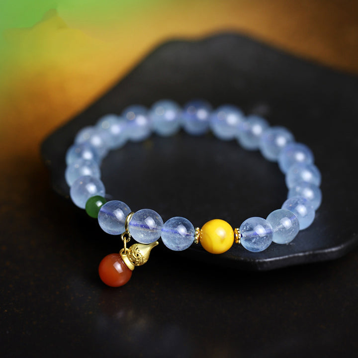 Buddha Stones Aquamarine Red Agate Peace Gourd Charm Bracelet - Aquamarine - image 0