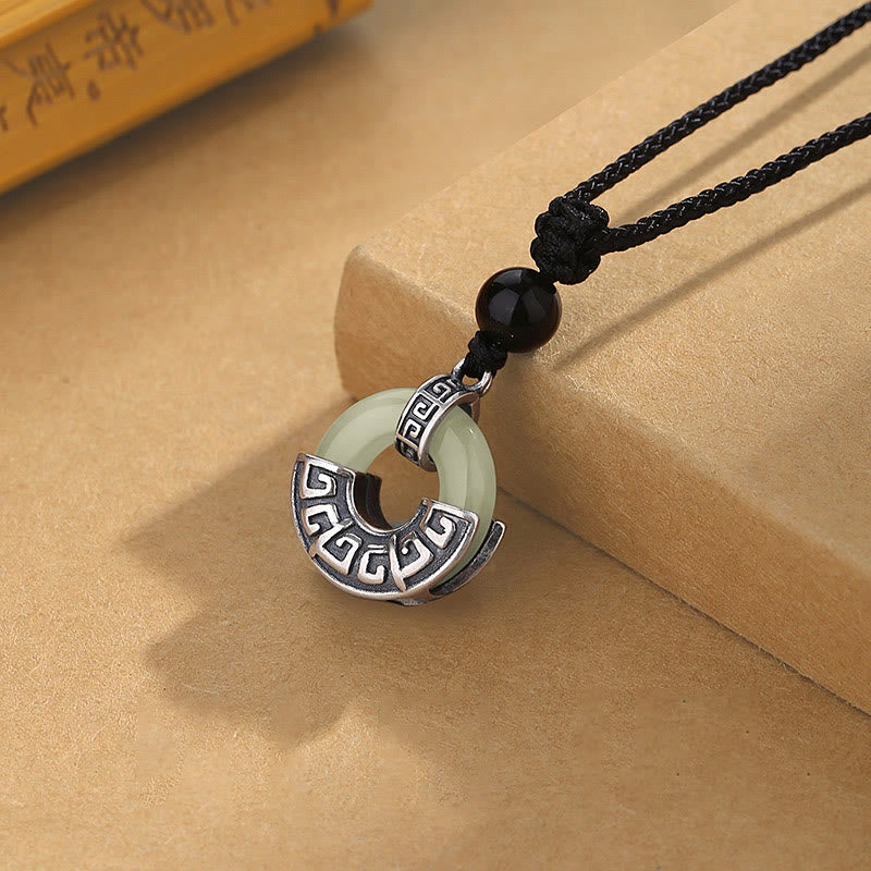 Buddha Stones 925 Sterling Silver Natural Hetian Jade Peace Buckle Prosperity Necklace Pendant - image 1
