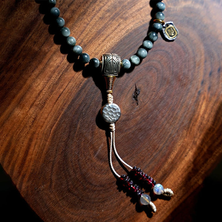 Buddha Stones 925 Sterling Silver 108 Mala Beads Eagle's Eye Stone Moonstone Positive Bracelet - image 4