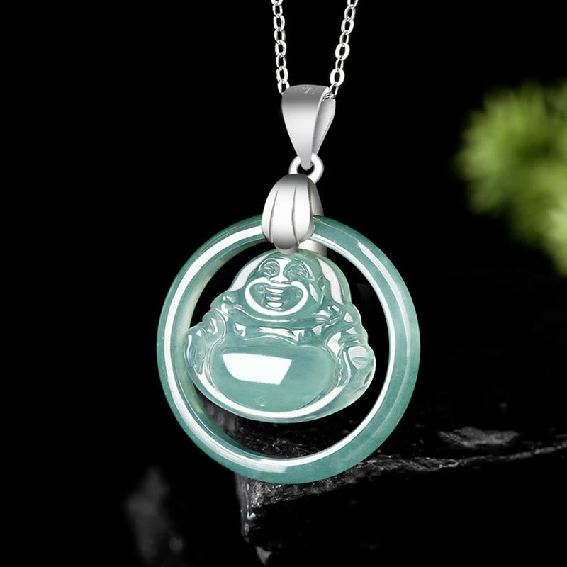 Buddha Stones 925 Sterling Silver Natural Jade Round Laughing Buddha Abundance Chain Necklace Pendant - image 1