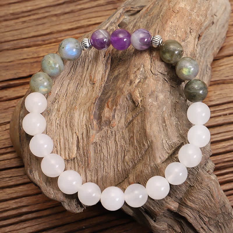 Buddha Stones 108 Mala Beads White Agate Amethyst Black Glitter Stone Protection Bracelet - Bracelet - image 2